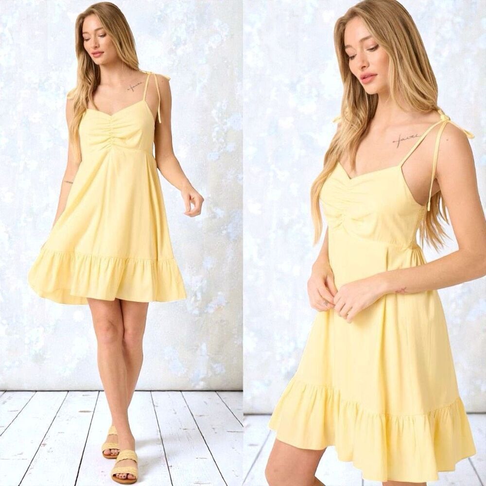 Mittoshop Yellow Ruched Spaghetti Strap Mini Dress | Smocked Back | NWT - Picture 3 of 14